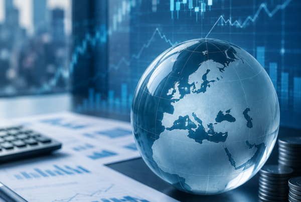 Corporate finance concept image showing European financial data, reports, charts, a globe and coins.