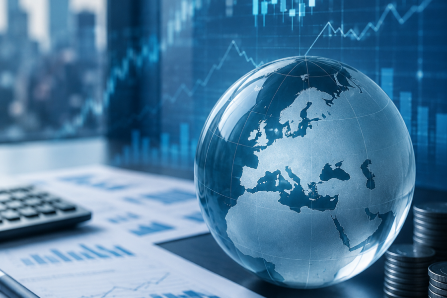Corporate finance concept image showing European financial data, reports, charts, a globe and coins.