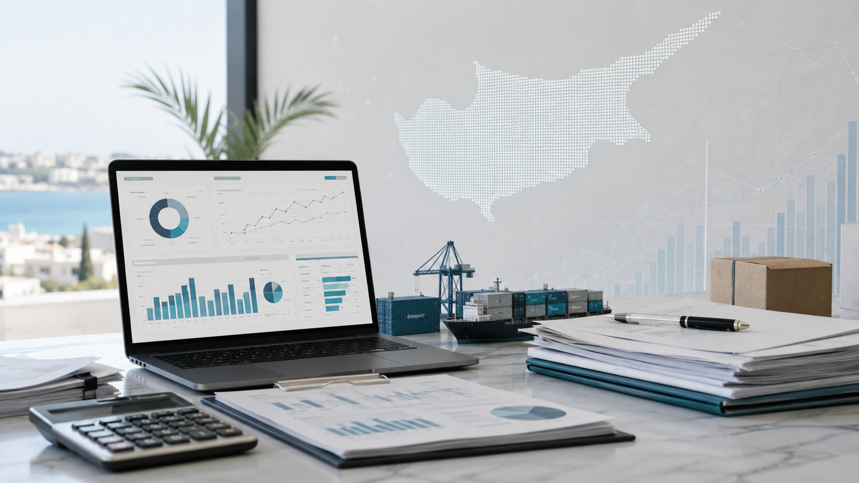 Finance dashboard, Cyprus trade map and import documents representing cash-flow control for Cyprus businesses