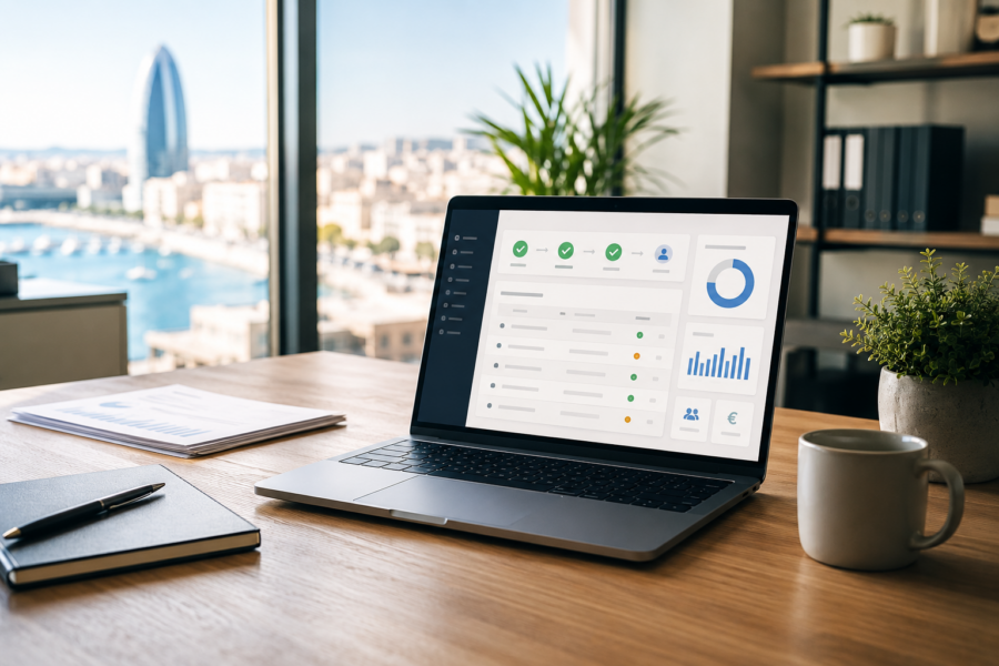 Modern finance workspace showing a payroll control dashboard with payment schedules and approval checkpoints.