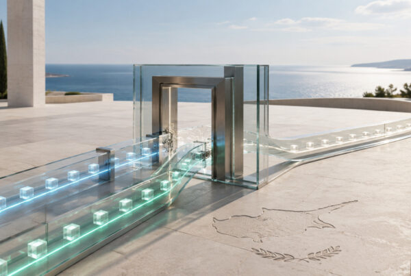 Two clean translucent data pathways merge through a verification gateway in a Cyprus-inspired coastal setting, symbolising finance clarity and audit review readiness.