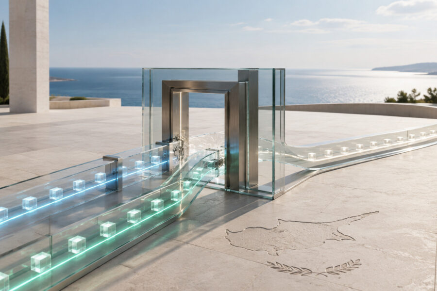 Two clean translucent data pathways merge through a verification gateway in a Cyprus-inspired coastal setting, symbolising finance clarity and audit review readiness.