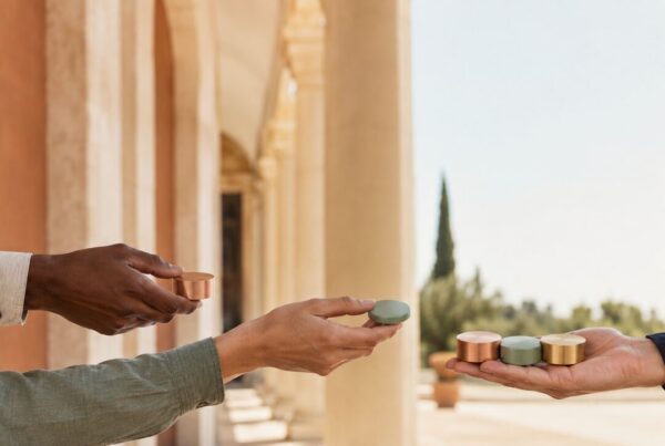 Three professionals pass copper, sage and brass control tokens through a sunlit Mediterranean colonnade, symbolising finance continuity and clear cover during summer leave.
