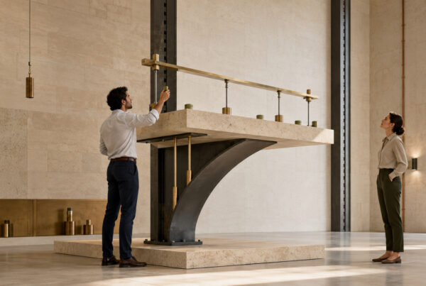 Two professionals inspecting a limestone and brass structural load test, representing funding readiness and financial headroom