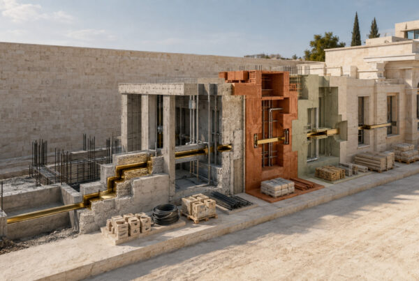 Staged Mediterranean construction cutaway with a brass cost spine and terracotta variation module, representing project cost control