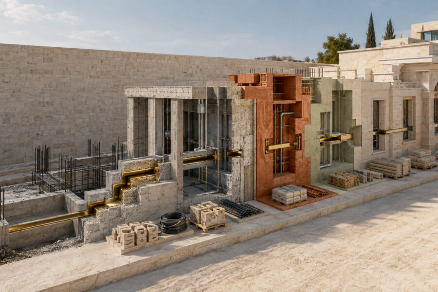 Staged Mediterranean construction cutaway with a brass cost spine and terracotta variation module, representing project cost control