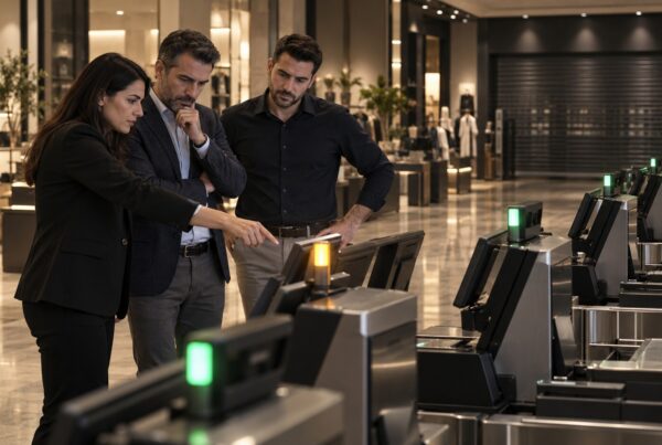 Three finance and operations professionals investigate one exception terminal during an after-hours retail reconciliation.