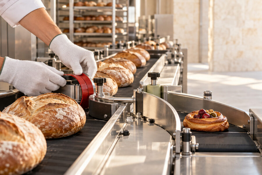 Bakery production line with bread moving through a classification gate and one pastry routed to an exception lane, illustrating a controlled VAT-rate change.