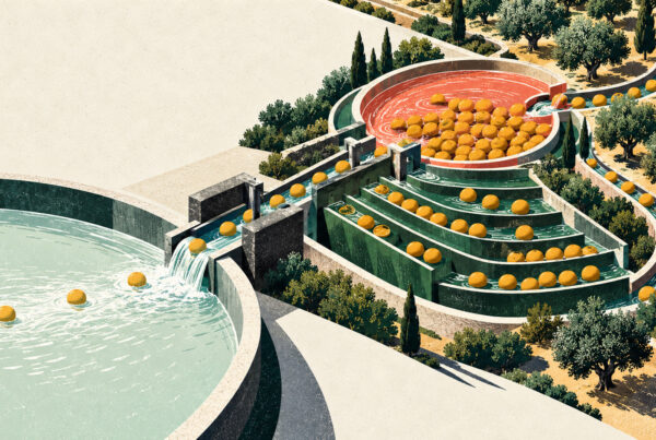 Editorial illustration of a Mediterranean irrigation system showing sales moving through working-capital bottlenecks into an open cash reservoir.