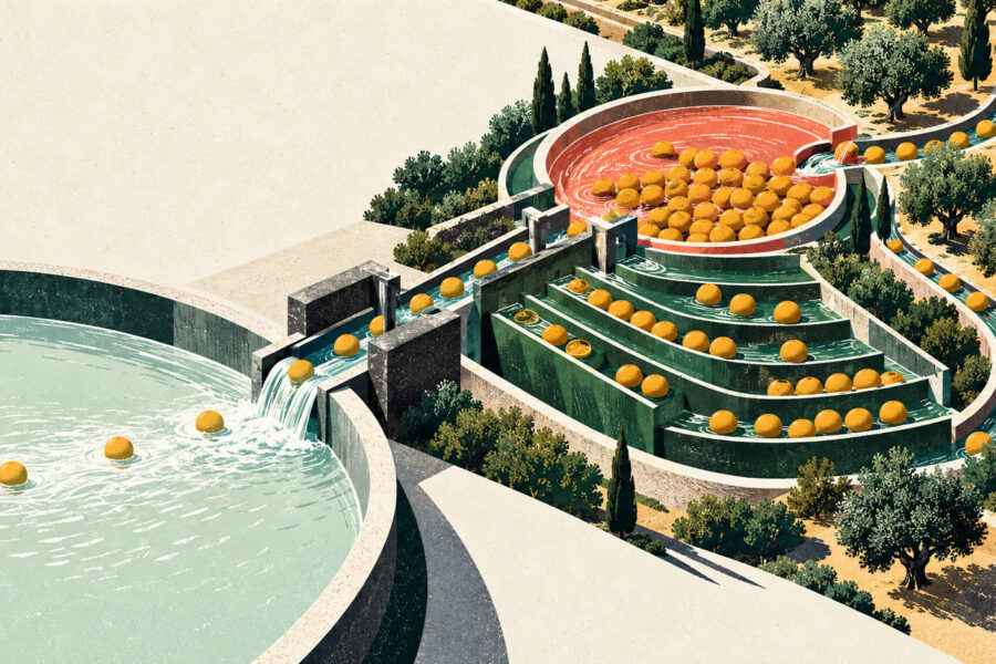 Editorial illustration of a Mediterranean irrigation system showing sales moving through working-capital bottlenecks into an open cash reservoir.